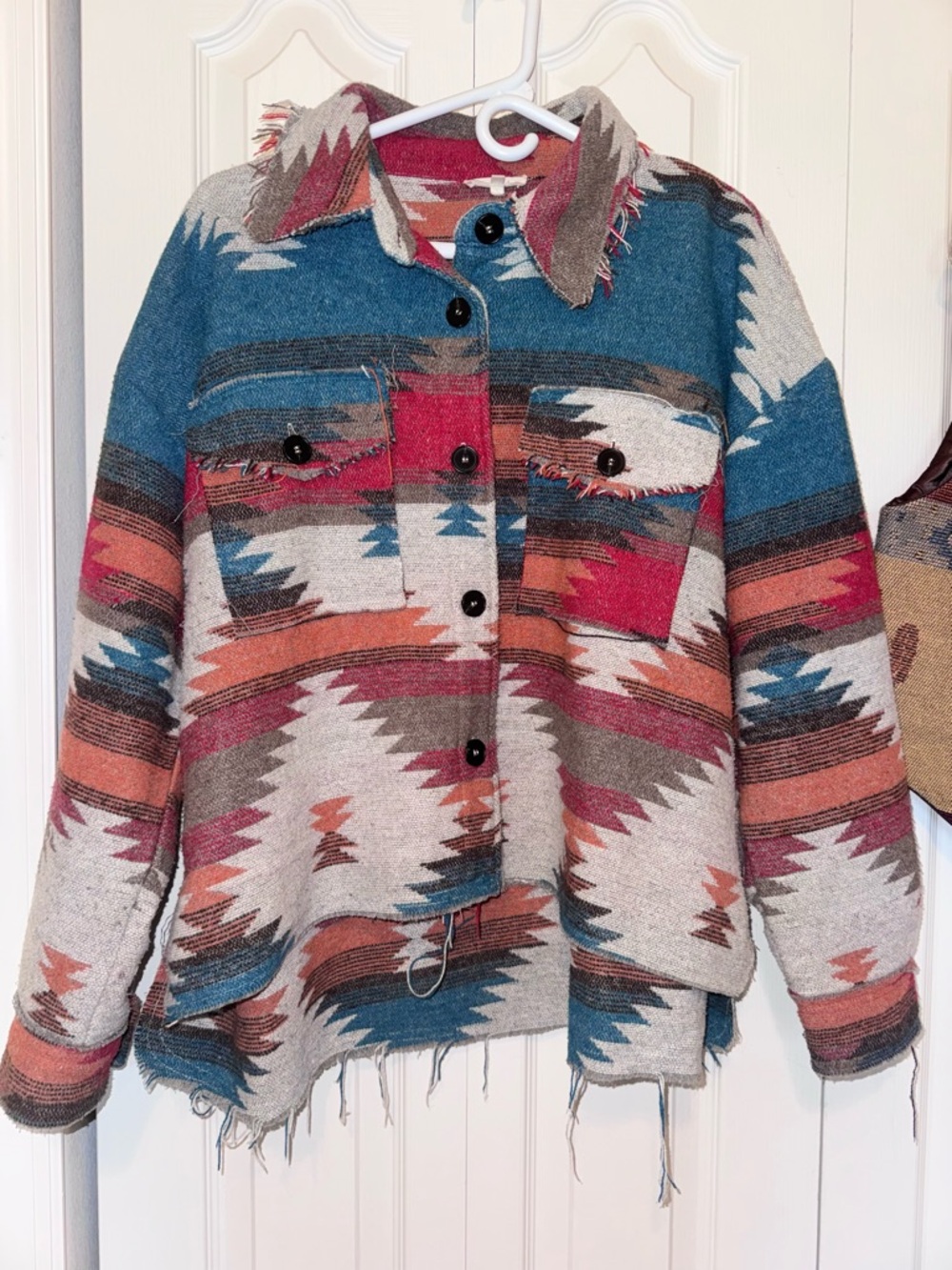 LA MIEL Aztec Utility Shacket in Teal, Rust & Cream